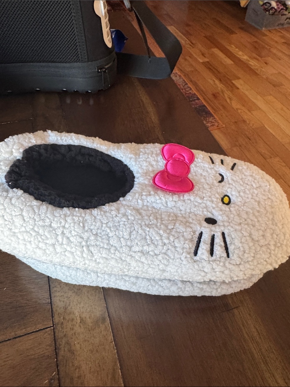 Hello Kitty White Sherpa Slippers with Hot Pink Bow and Black Accents